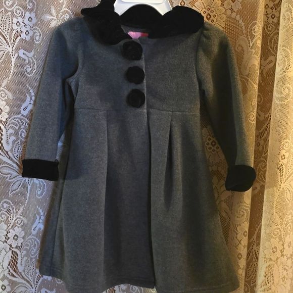 Goodlad Girls 4T Gray Fleece Dress Coat Black Velvet Ruffle Collar Rosettes Cuff - Picture 1 of 10